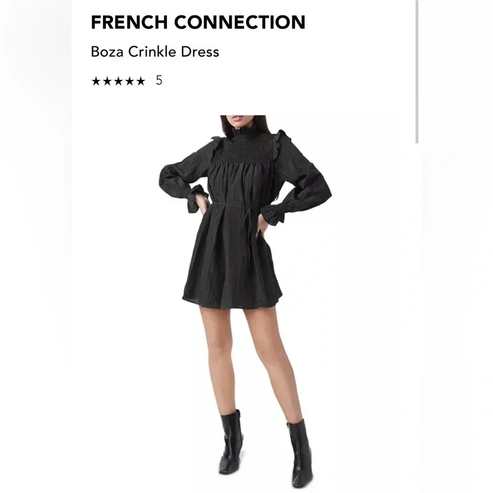 French Connection black boza crinkle dress long sleeve mock neck smocked CBK - Picture 7 of 10